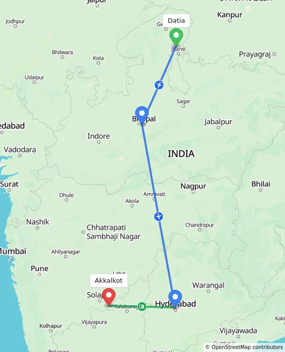 Route map showing distance and travel time from Datia, India to Akkalkot, India