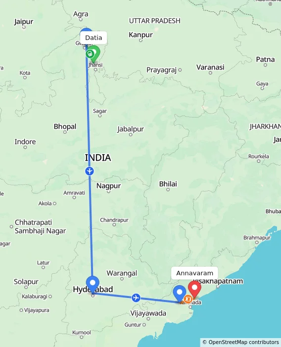 Route map showing distance and travel time from Datia, India to Annavaram, India