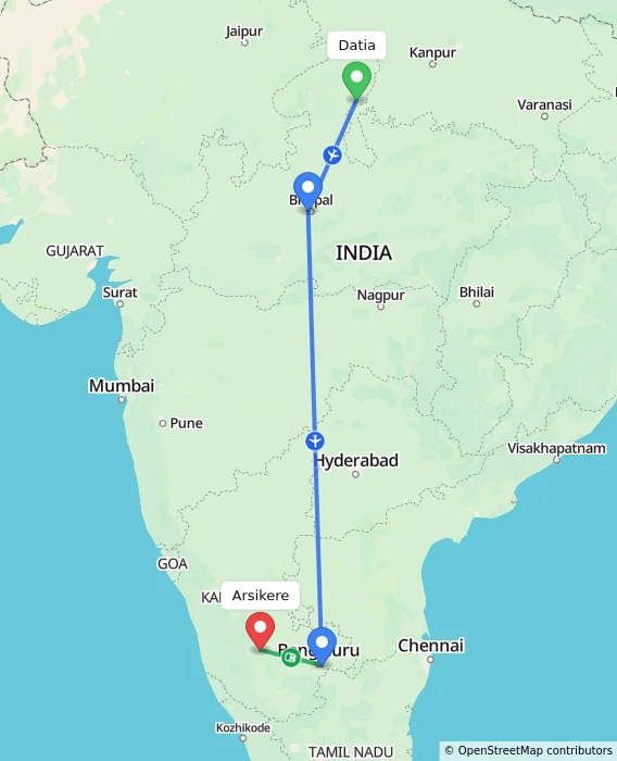 Route map showing distance and travel time from Datia, India to Arsikere, India