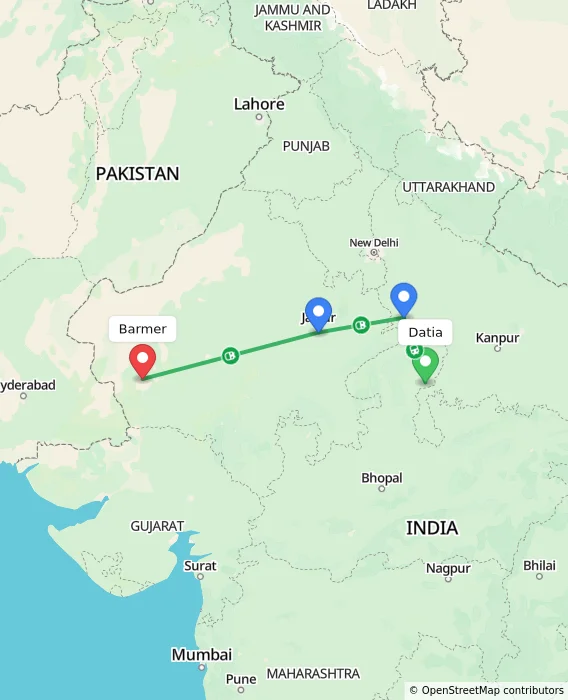 Route map showing distance and travel time from Datia, India to Barmer, India