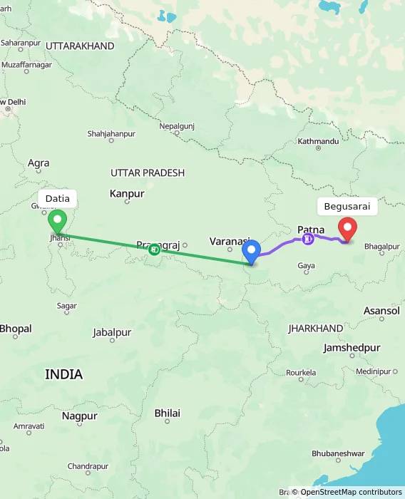 Route map showing distance and travel time from Datia, India to Begusarai, India
