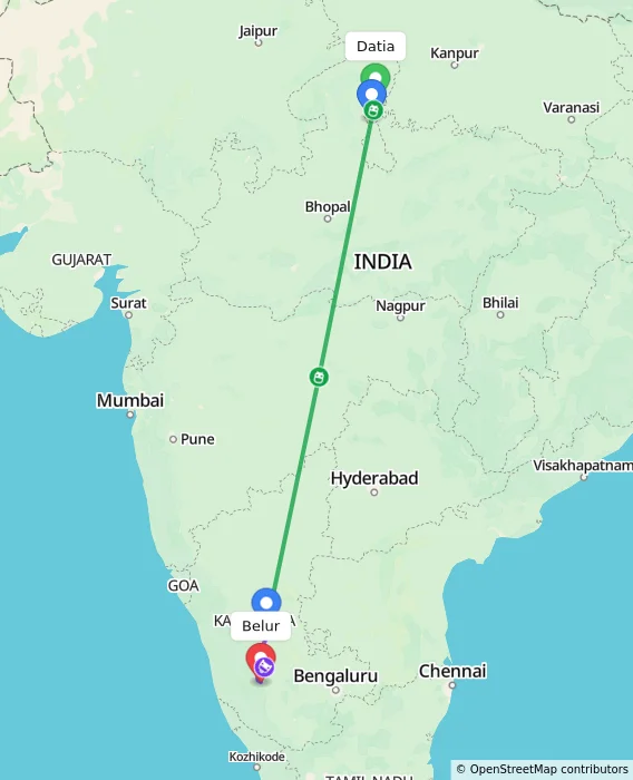 Route map showing distance and travel time from Datia, India to Belur, India