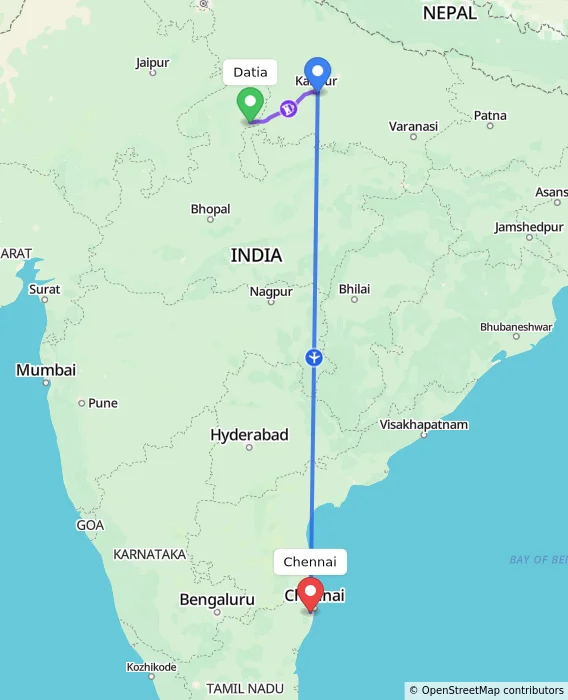 Route map showing distance and travel time from Datia, India to Chennai, India