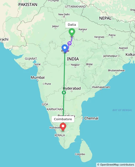 Route map showing distance and travel time from Datia, India to Coimbatore, India