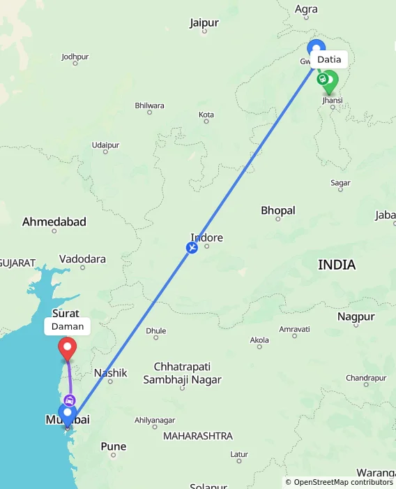Route map showing distance and travel time from Datia, India to Daman, India