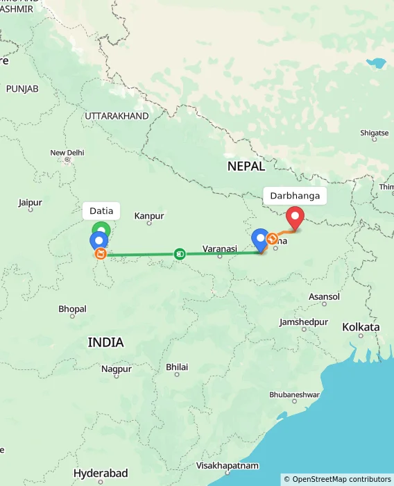 Route map showing distance and travel time from Datia, India to Darbhanga, India