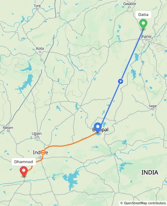 Route map showing distance and travel time from Datia, India to Dhamnod, India