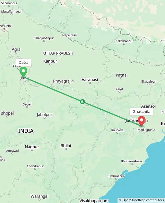 Route map showing distance and travel time from Datia, India to Ghatshila, India
