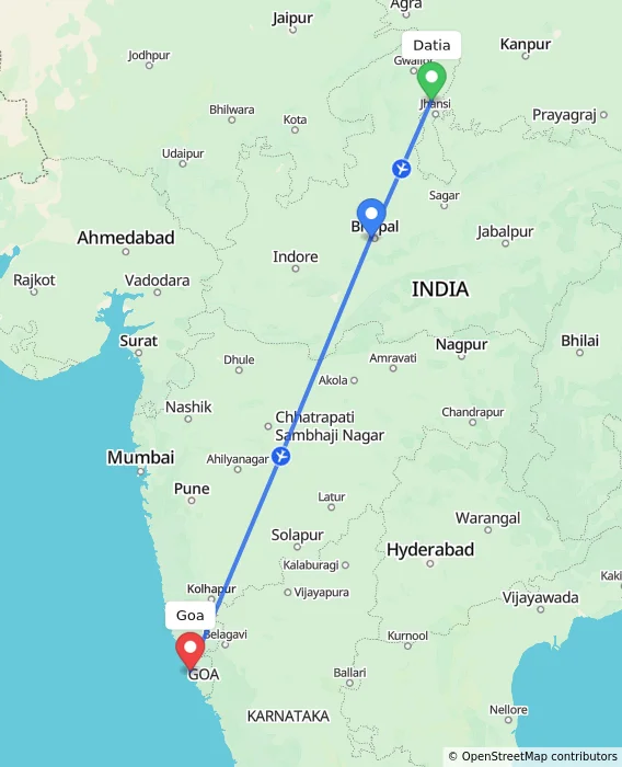 Route map showing distance and travel time from Datia, India to Goa, India