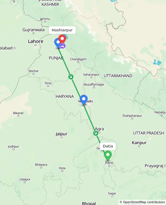 Route map showing distance and travel time from Datia, India to Hoshiarpur, India
