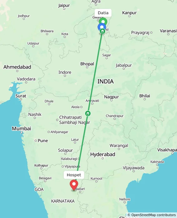 Route map showing distance and travel time from Datia, India to Hospet, India