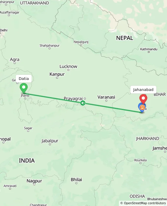 Route map showing distance and travel time from Datia, India to Jahanabad, India
