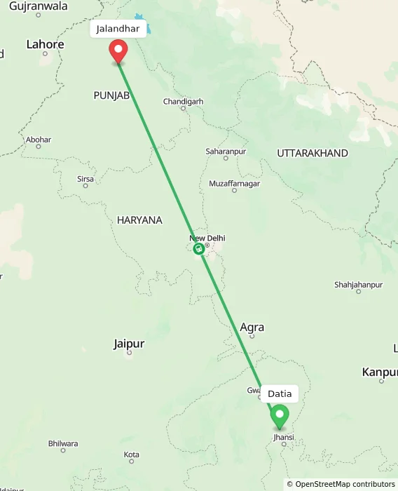 Route map showing distance and travel time from Datia, India to Jalandhar, India