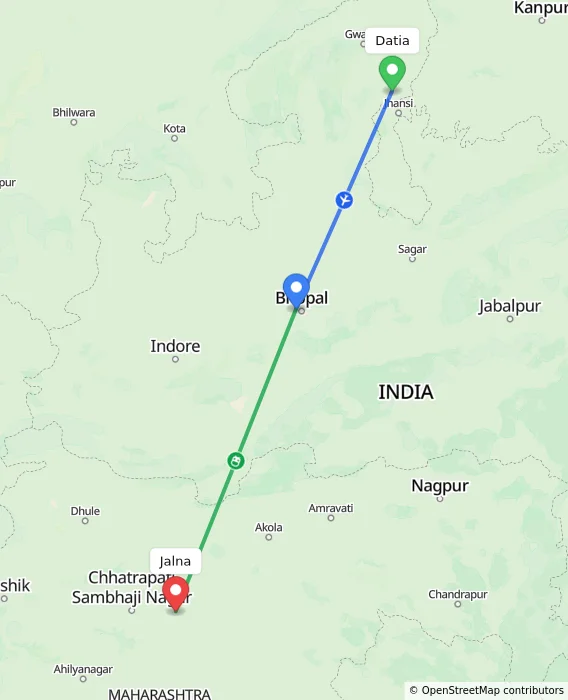 Route map showing distance and travel time from Datia, India to Jalna, India