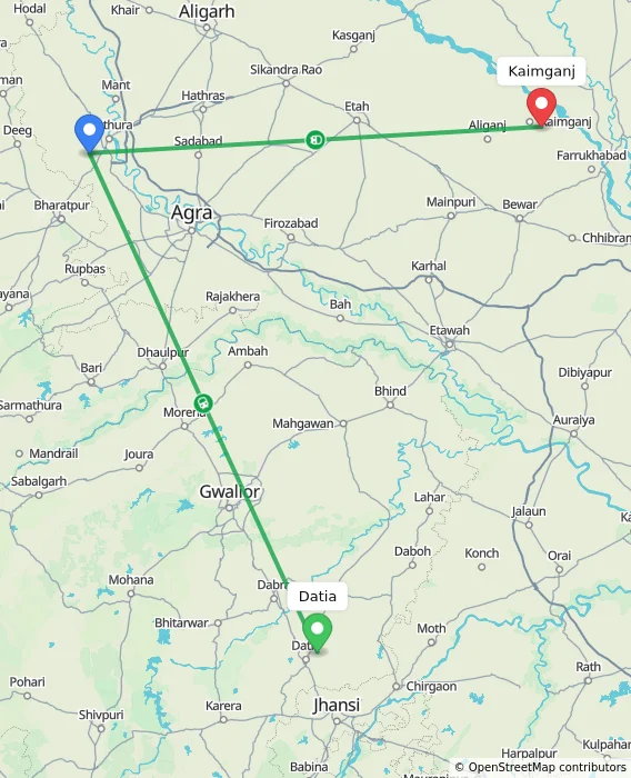 Route map showing distance and travel time from Datia, India to Kaimganj, India