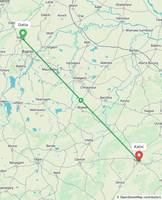 Route map showing distance and travel time from Datia, India to Katni, India