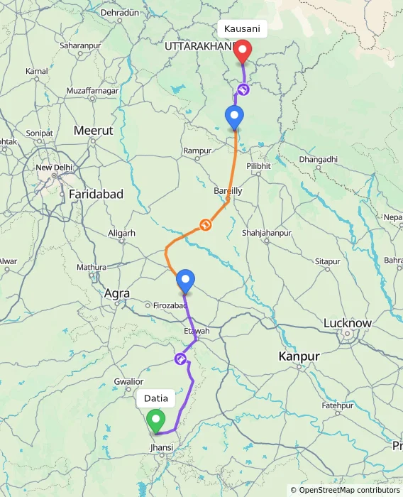 Route map showing distance and travel time from Datia, India to Kausani, India