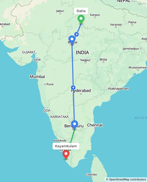 Route map showing distance and travel time from Datia, India to Kayamkulam, India