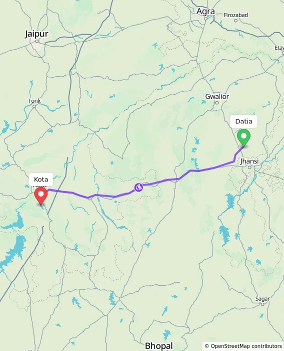 Route map showing distance and travel time from Datia, India to Kota, India