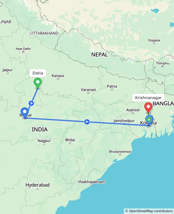 Route map showing distance and travel time from Datia, India to Krishnanagar, India