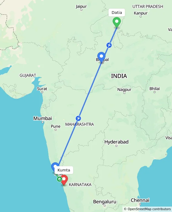 Route map showing distance and travel time from Datia, India to Kumta, India