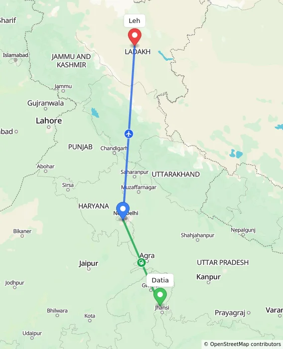 Route map showing distance and travel time from Datia, India to Leh, India