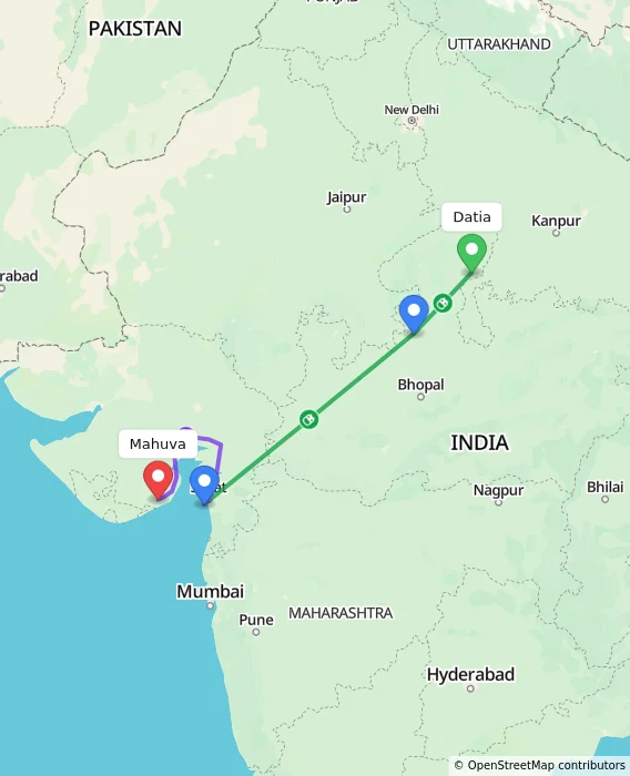 Route map showing distance and travel time from Datia, India to Mahuva, India