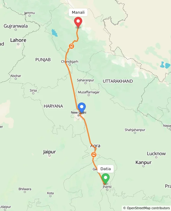 Route map showing distance and travel time from Datia, India to Manali, India