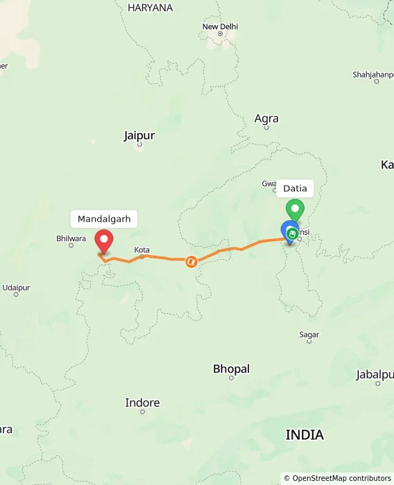 Route map showing distance and travel time from Datia, India to Mandalgarh, India