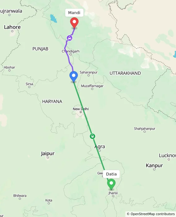 Route map showing distance and travel time from Datia, India to Mandi, India