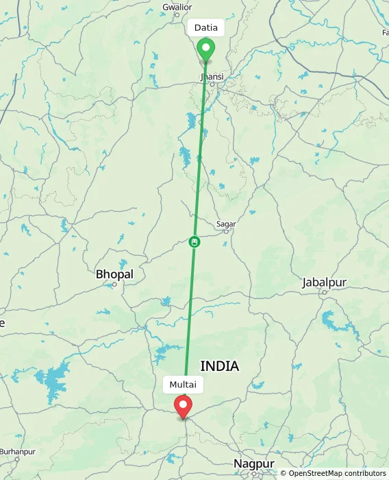 Route map showing distance and travel time from Datia, India to Multai, India