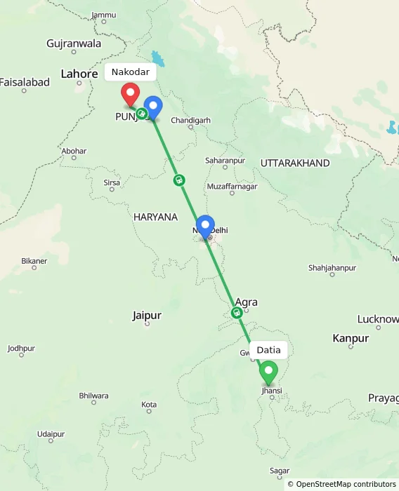 Route map showing distance and travel time from Datia, India to Nakodar, India