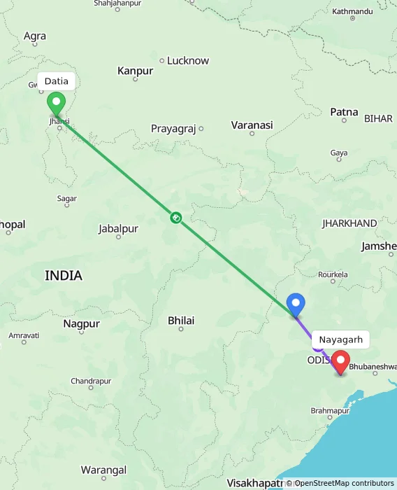 Route map showing distance and travel time from Datia, India to Nayagarh, India