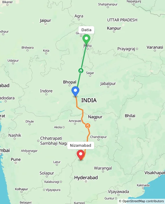 Route map showing distance and travel time from Datia, India to Nizamabad, India