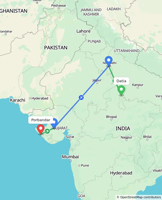 Route map showing distance and travel time from Datia, India to Porbandar, India