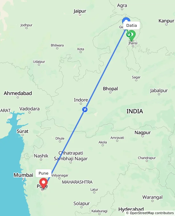 Route map showing distance and travel time from Datia, India to Pune, India