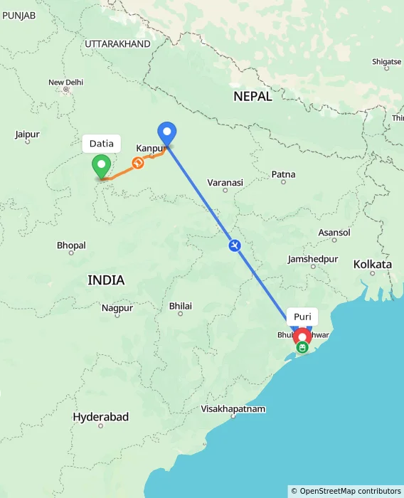 Route map showing distance and travel time from Datia, India to Puri, India