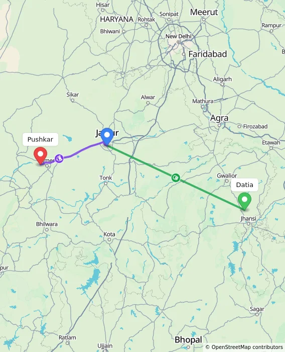 Route map showing distance and travel time from Datia, India to Pushkar, India