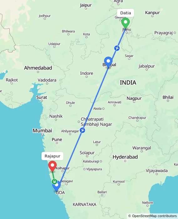 Route map showing distance and travel time from Datia, India to Rajapur, India