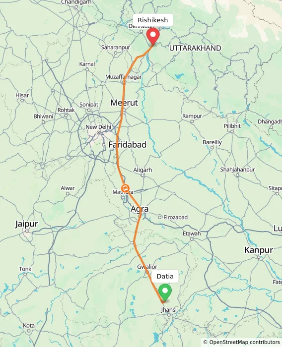Route map showing distance and travel time from Datia, India to Rishikesh, India