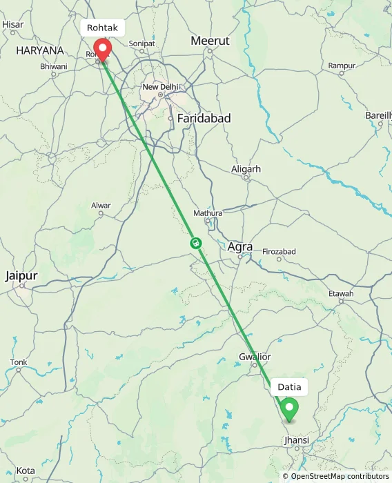 Route map showing distance and travel time from Datia, India to Rohtak, India