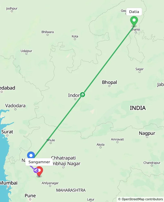 Route map showing distance and travel time from Datia, India to Sangamner, India