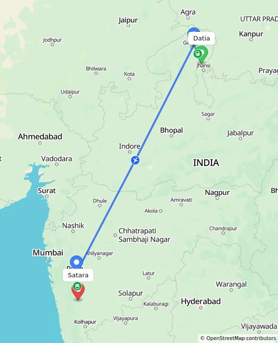 Route map showing distance and travel time from Datia, India to Satara, India
