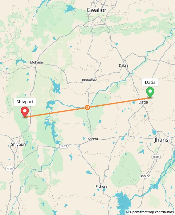 Route map showing distance and travel time from Datia, India to Shivpuri, India