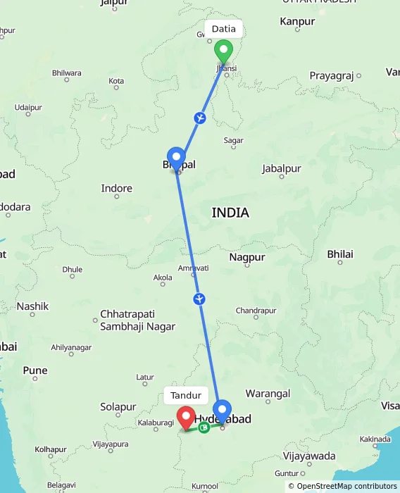 Route map showing distance and travel time from Datia, India to Tandur, India