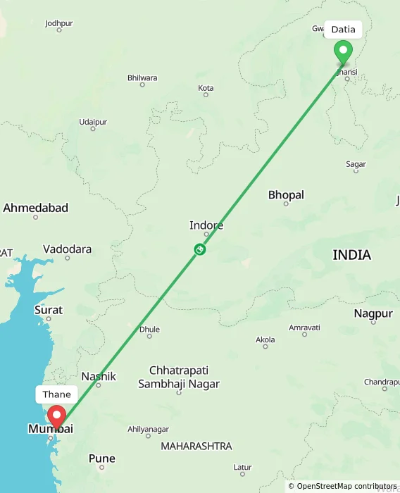 Route map showing distance and travel time from Datia, India to Thane, India