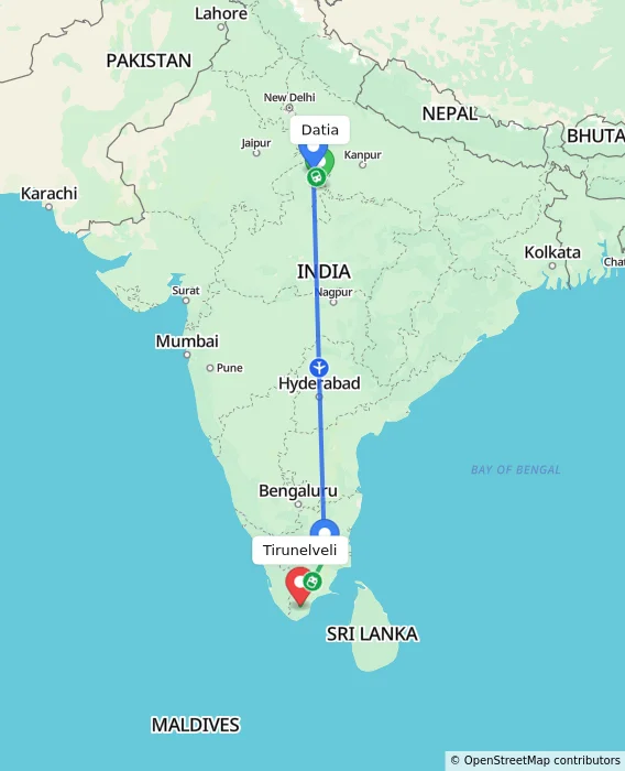 Route map showing distance and travel time from Datia, India to Tirunelveli, India
