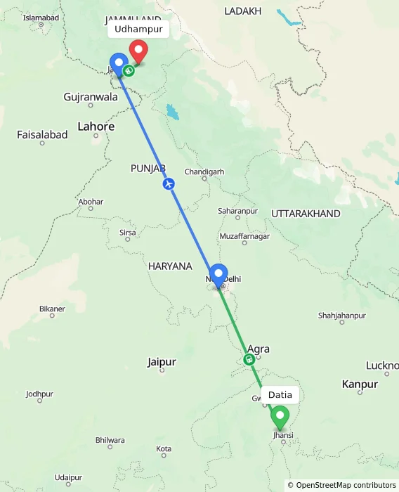Route map showing distance and travel time from Datia, India to Udhampur, India