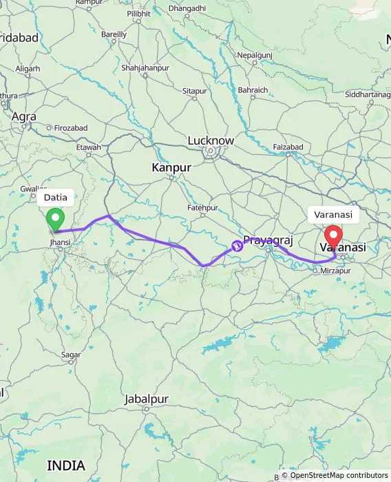 Route map showing distance and travel time from Datia, India to Varanasi, India