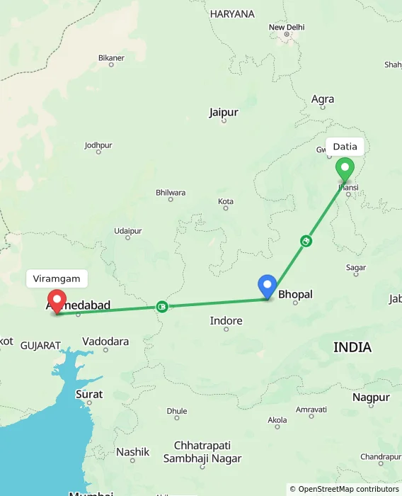 Route map showing distance and travel time from Datia, India to Viramgam, India